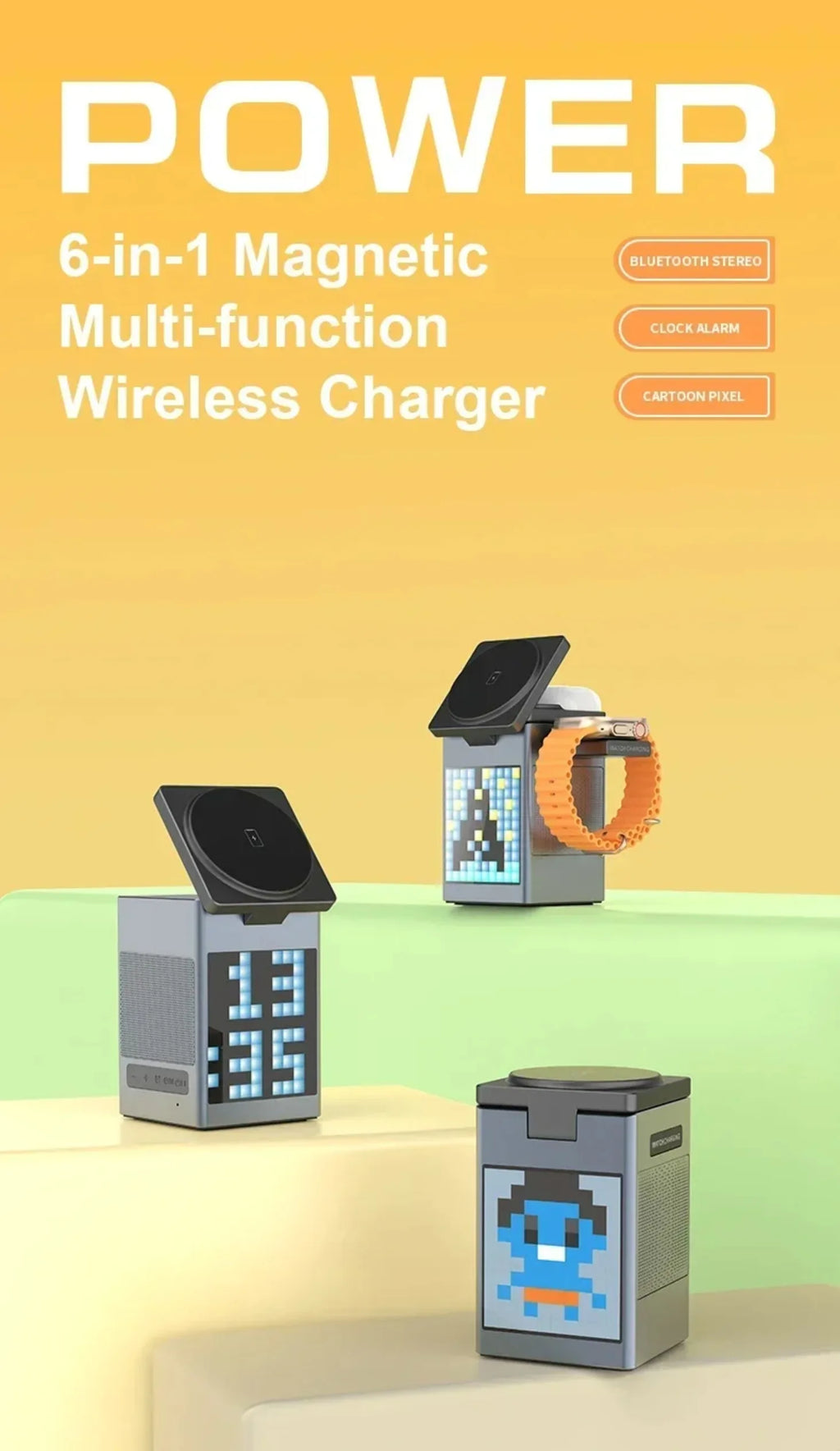 15W 6 in 1 Cartoon Pixel Magnetic Wireless Charger Foldable Bluetooth Speaker Alarm Clock For iPhone 16~12 iWatch Airpods 3 Pro