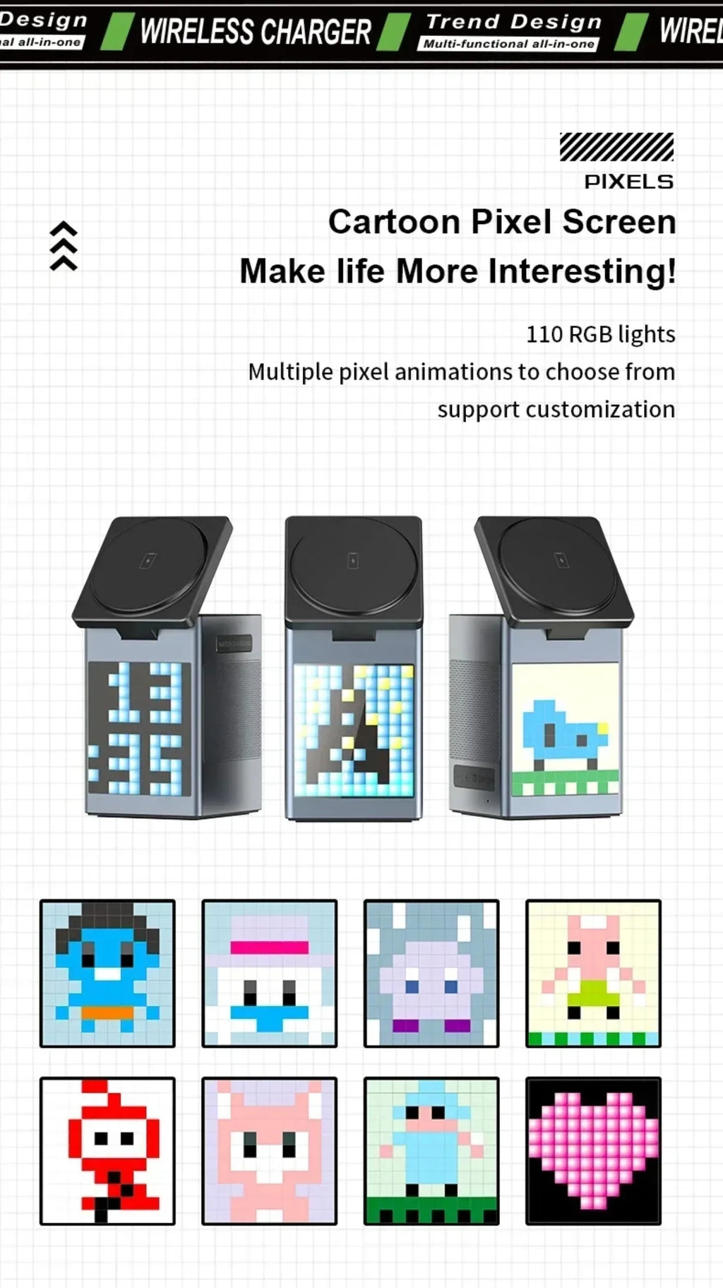 15W 6 in 1 Cartoon Pixel Magnetic Wireless Charger Foldable Bluetooth Speaker Alarm Clock For iPhone 16~12 iWatch Airpods 3 Pro