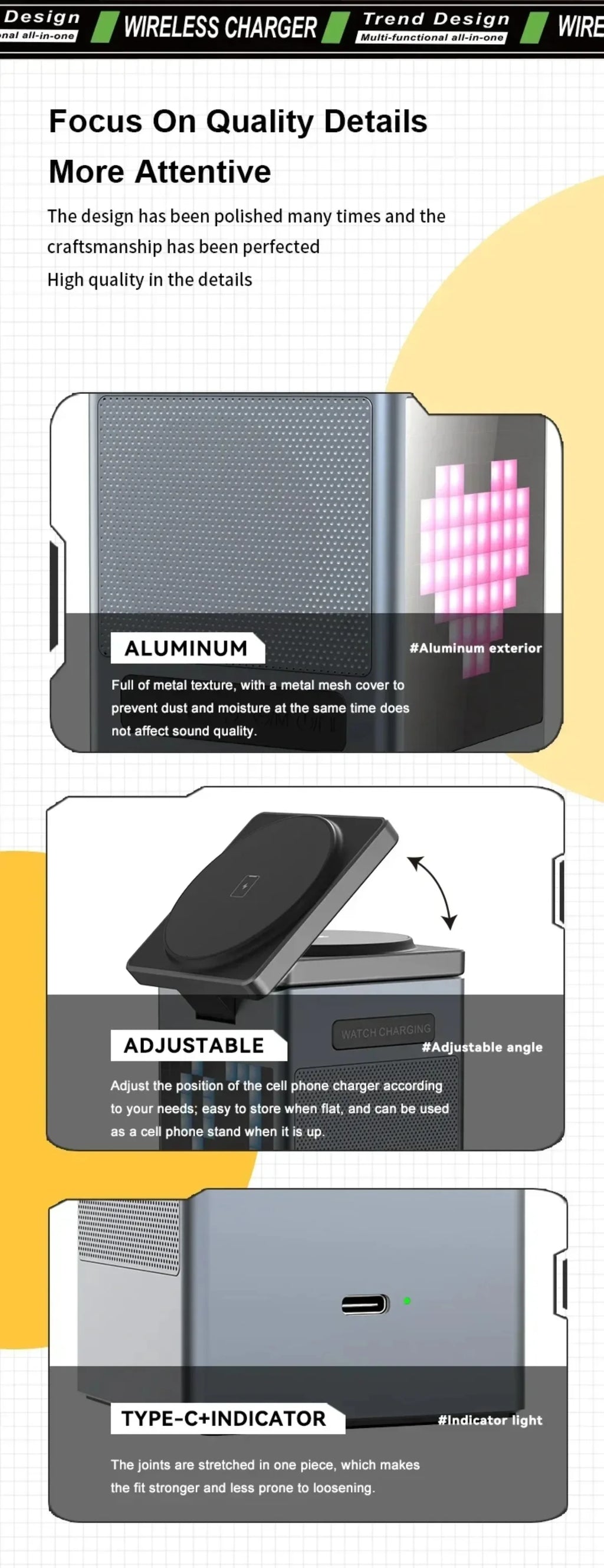 15W 6 in 1 Cartoon Pixel Magnetic Wireless Charger Foldable Bluetooth Speaker Alarm Clock For iPhone 16~12 iWatch Airpods 3 Pro