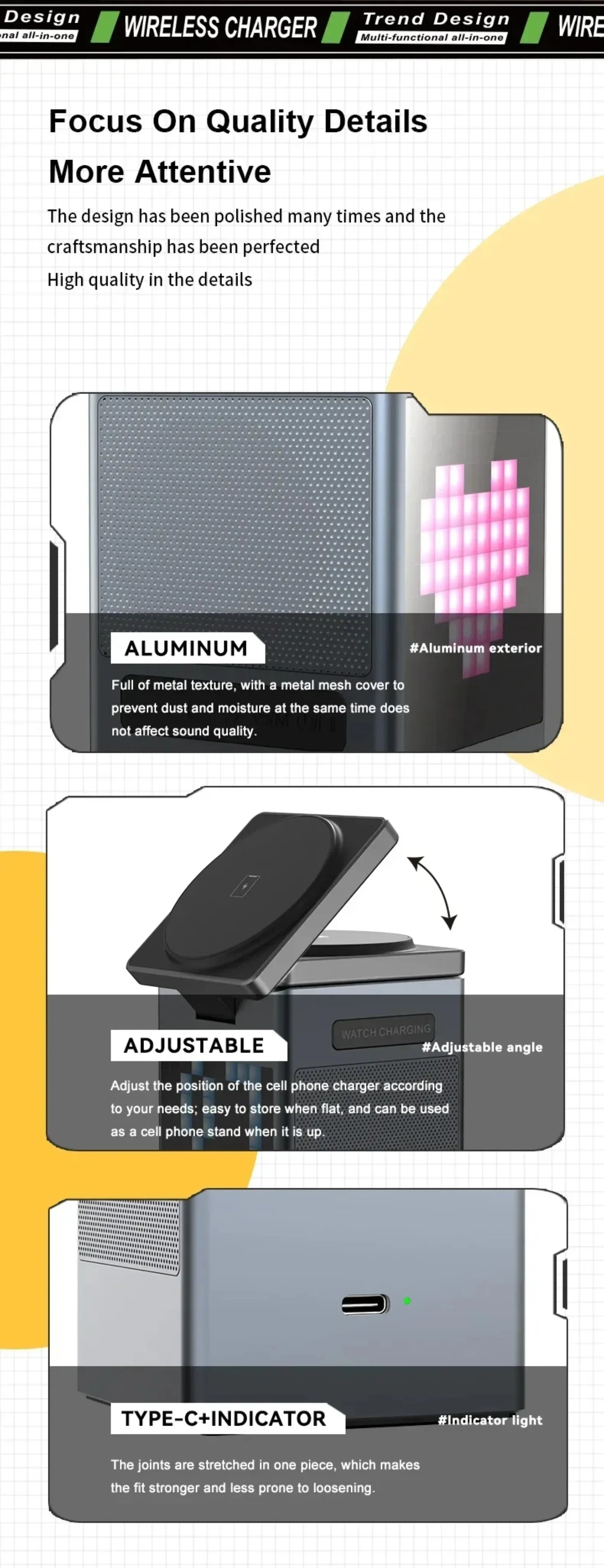 15W 6 in 1 Cartoon Pixel Magnetic Wireless Charger Foldable Bluetooth Speaker Alarm Clock For iPhone 16~12 iWatch Airpods 3 Pro