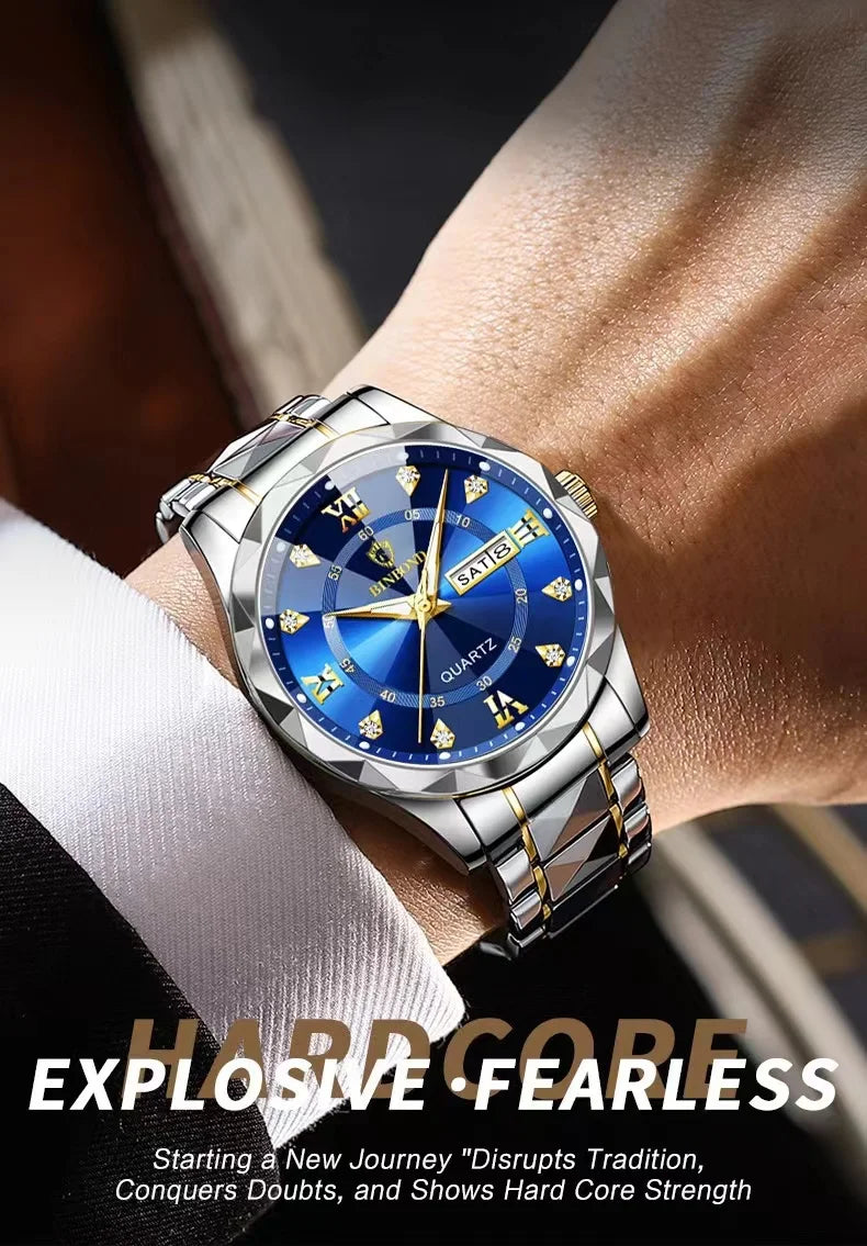 BINBOND Top Brand Luxury Man Wristwatch Waterproof Luminous Date Week Men Watches Stainless Steel Quartz Men's Watch Male reloj