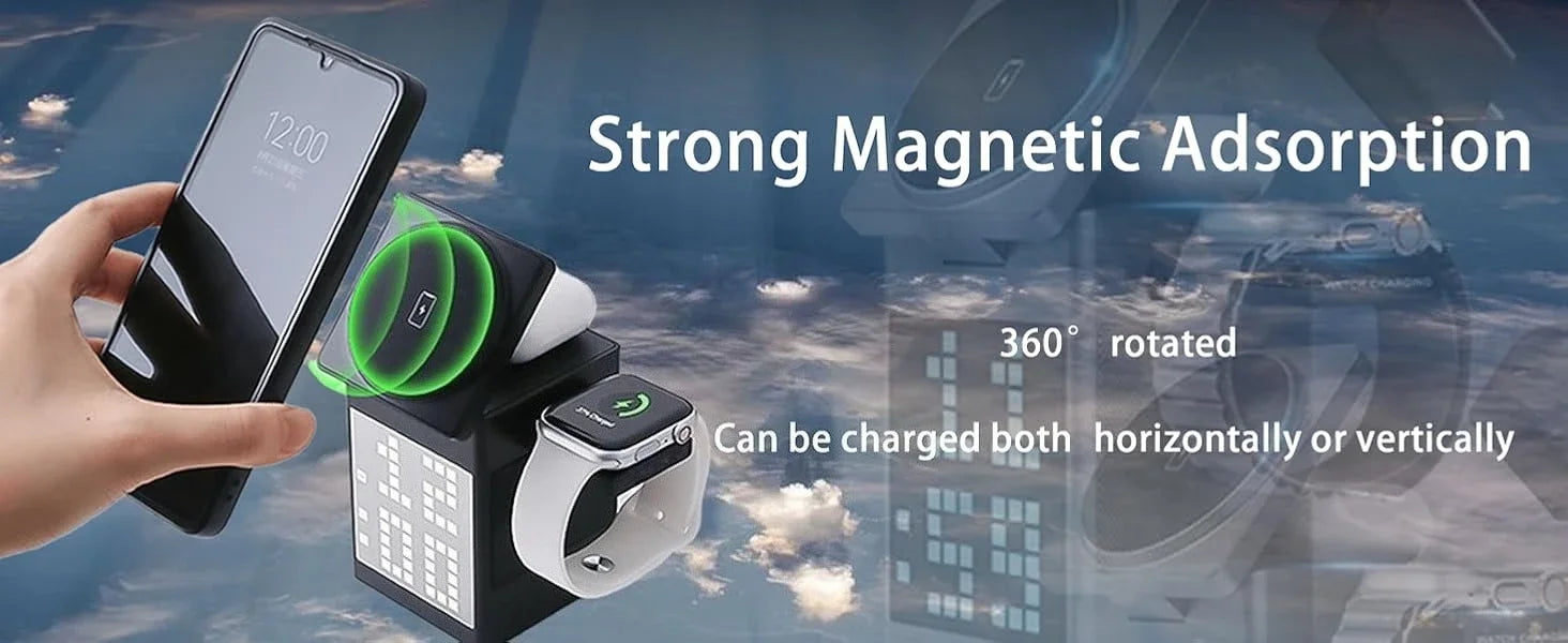 15W 6 in 1 Cartoon Pixel Magnetic Wireless Charger Foldable Bluetooth Speaker Alarm Clock For iPhone 16~12 iWatch Airpods 3 Pro