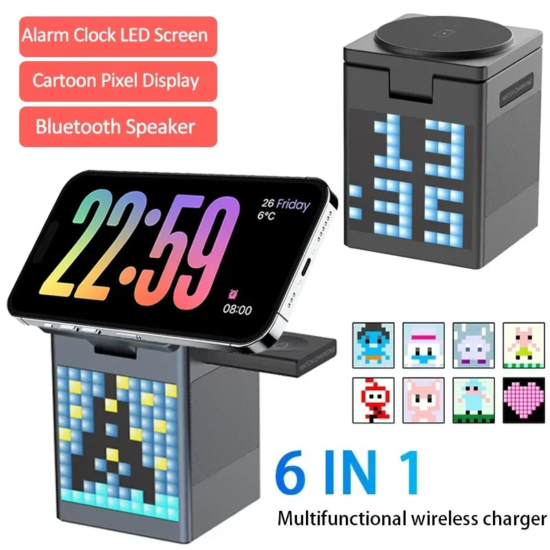 15W 6 in 1 Cartoon Pixel Magnetic Wireless Charger Foldable Bluetooth Speaker Alarm Clock For iPhone 16~12 iWatch Airpods 3 Pro