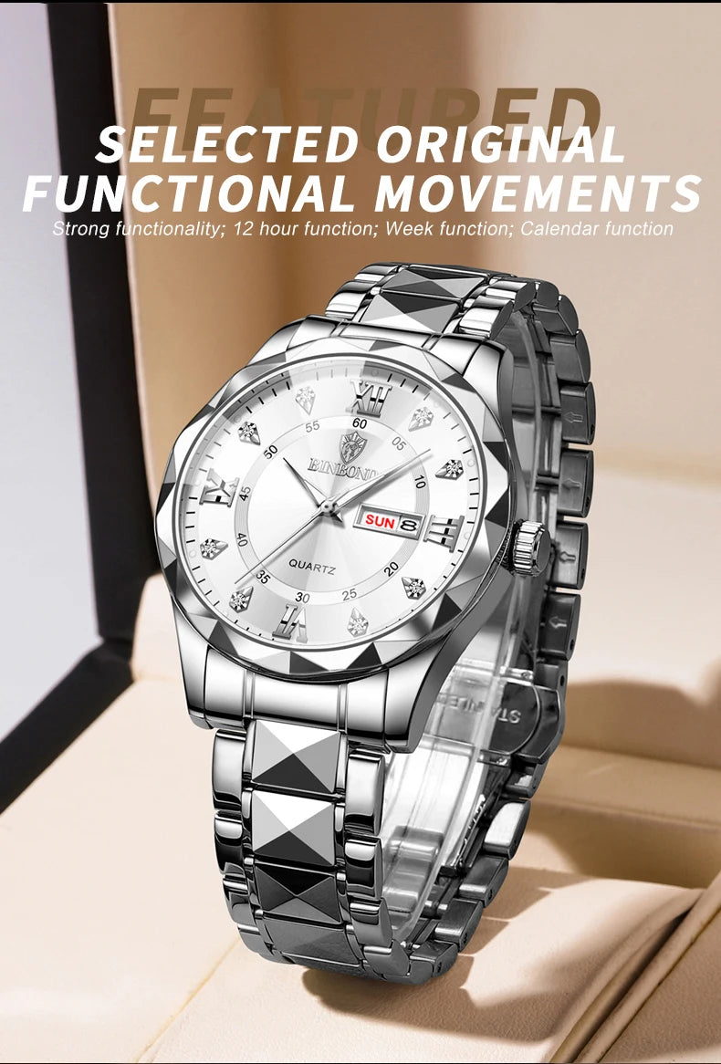 BINBOND Top Brand Luxury Man Wristwatch Waterproof Luminous Date Week Men Watches Stainless Steel Quartz Men's Watch Male reloj