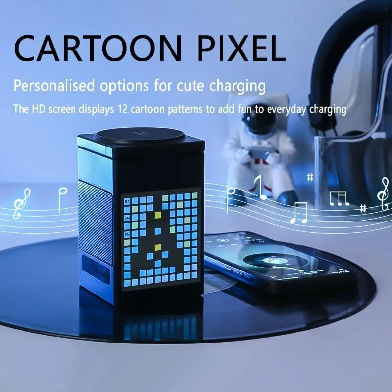 15W 6 in 1 Cartoon Pixel Magnetic Wireless Charger Foldable Bluetooth Speaker Alarm Clock For iPhone 16~12 iWatch Airpods 3 Pro
