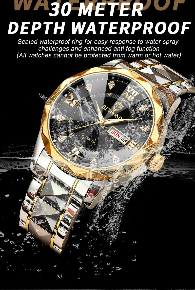 BINBOND Top Brand Luxury Man Wristwatch Waterproof Luminous Date Week Men Watches Stainless Steel Quartz Men's Watch Male reloj