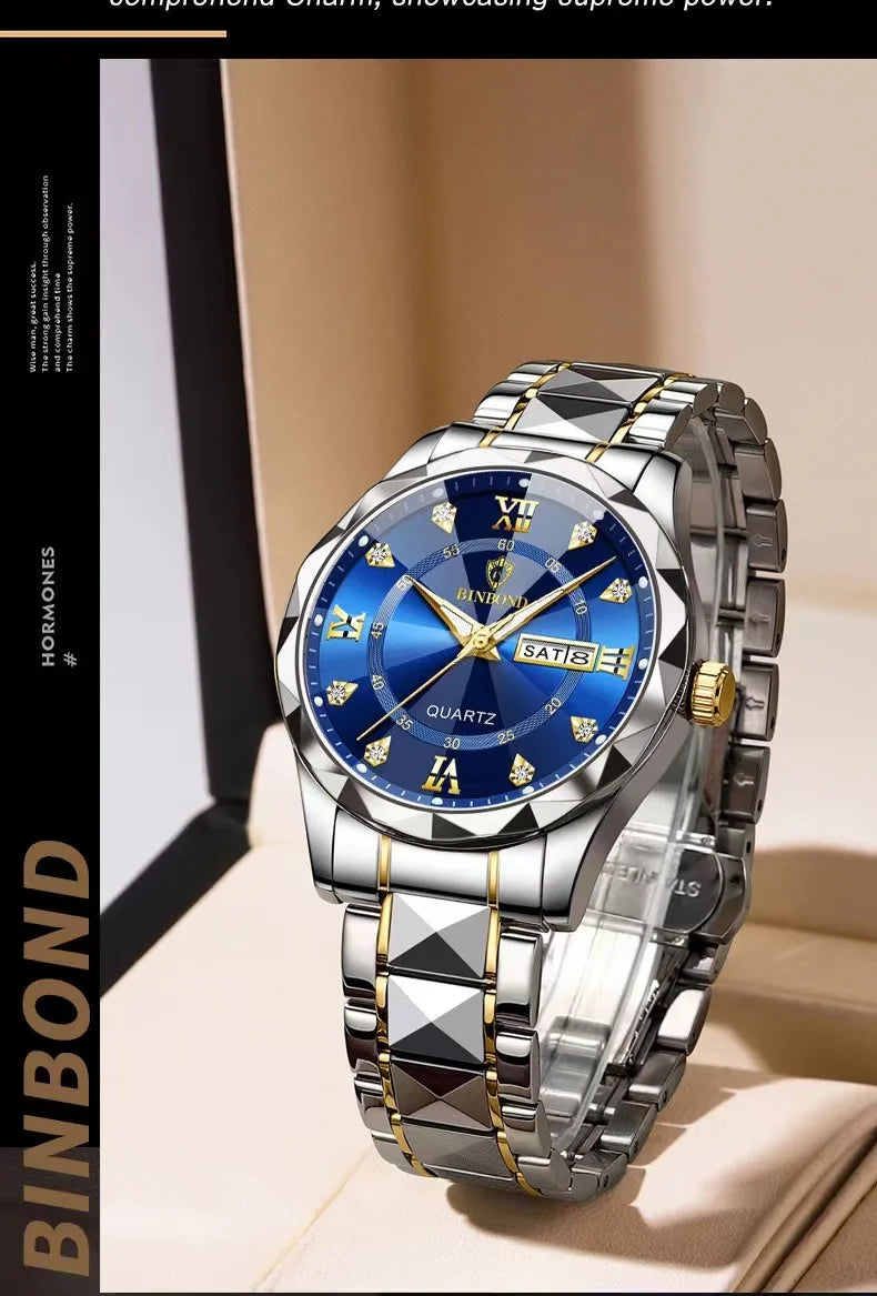 BINBOND Top Brand Luxury Man Wristwatch Waterproof Luminous Date Week Men Watches Stainless Steel Quartz Men's Watch Male reloj