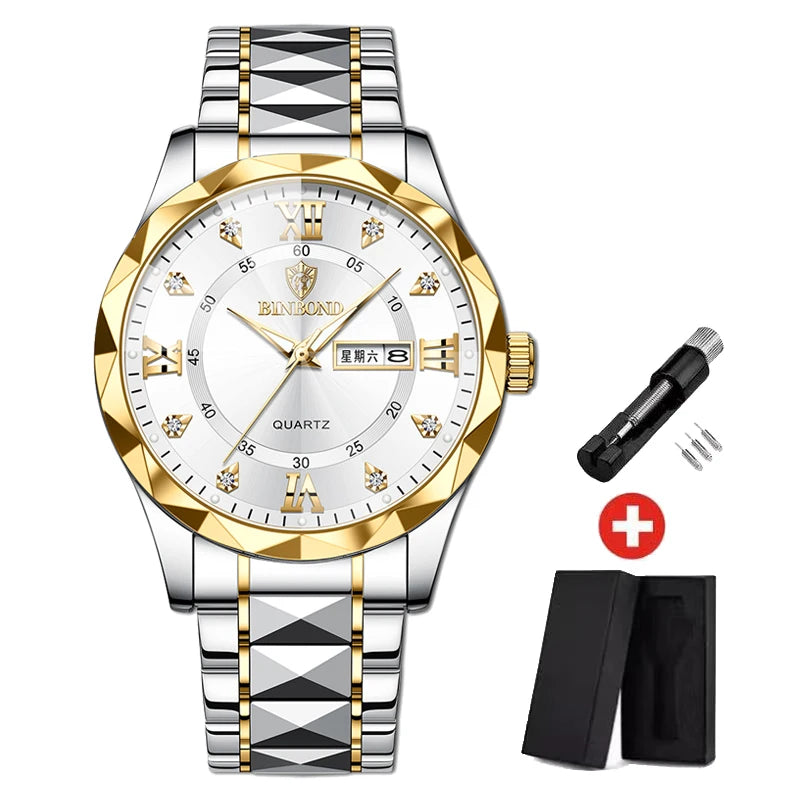 BINBOND Top Brand Luxury Man Wristwatch Waterproof Luminous Date Week Men Watches Stainless Steel Quartz Men's Watch Male reloj