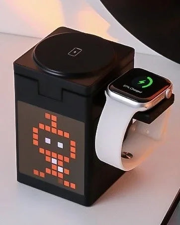 15W 6 in 1 Cartoon Pixel Magnetic Wireless Charger Foldable Bluetooth Speaker Alarm Clock For iPhone 16~12 iWatch Airpods 3 Pro