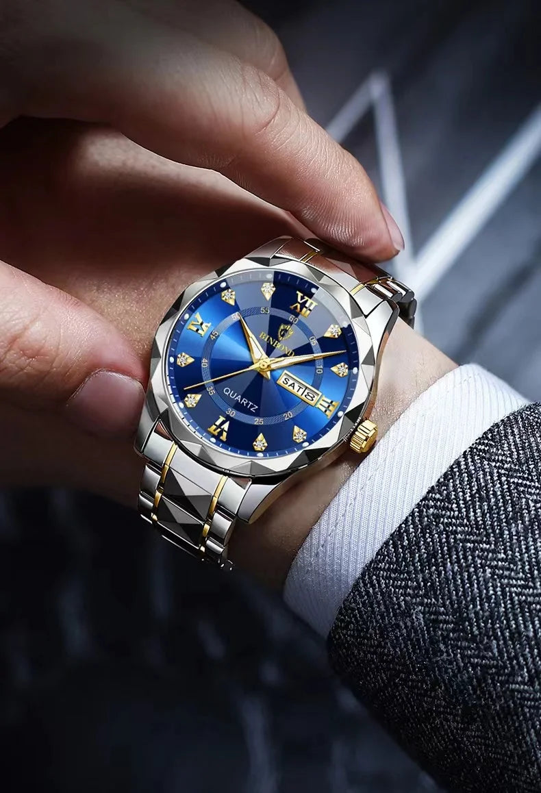 BINBOND Top Brand Luxury Man Wristwatch Waterproof Luminous Date Week Men Watches Stainless Steel Quartz Men's Watch Male reloj