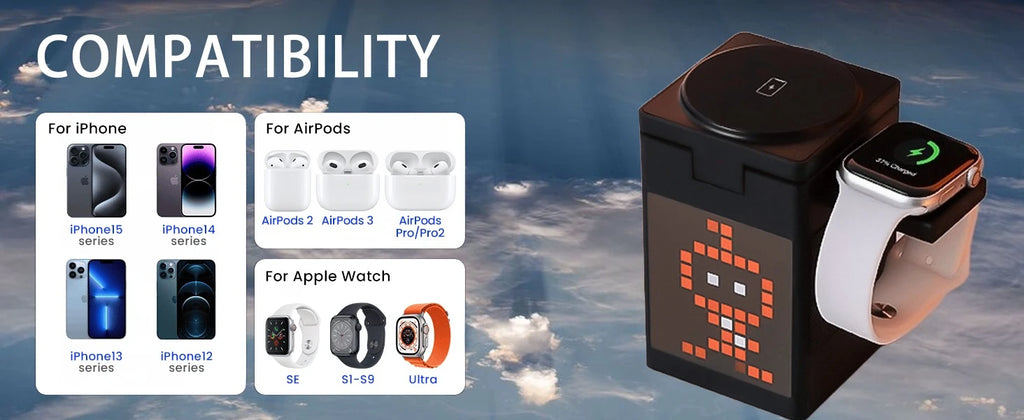 15W 6 in 1 Cartoon Pixel Magnetic Wireless Charger Foldable Bluetooth Speaker Alarm Clock For iPhone 16~12 iWatch Airpods 3 Pro
