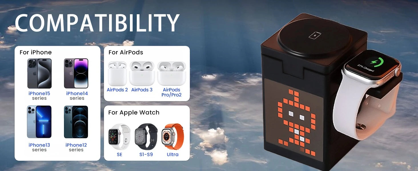 15W 6 in 1 Cartoon Pixel Magnetic Wireless Charger Foldable Bluetooth Speaker Alarm Clock For iPhone 16~12 iWatch Airpods 3 Pro