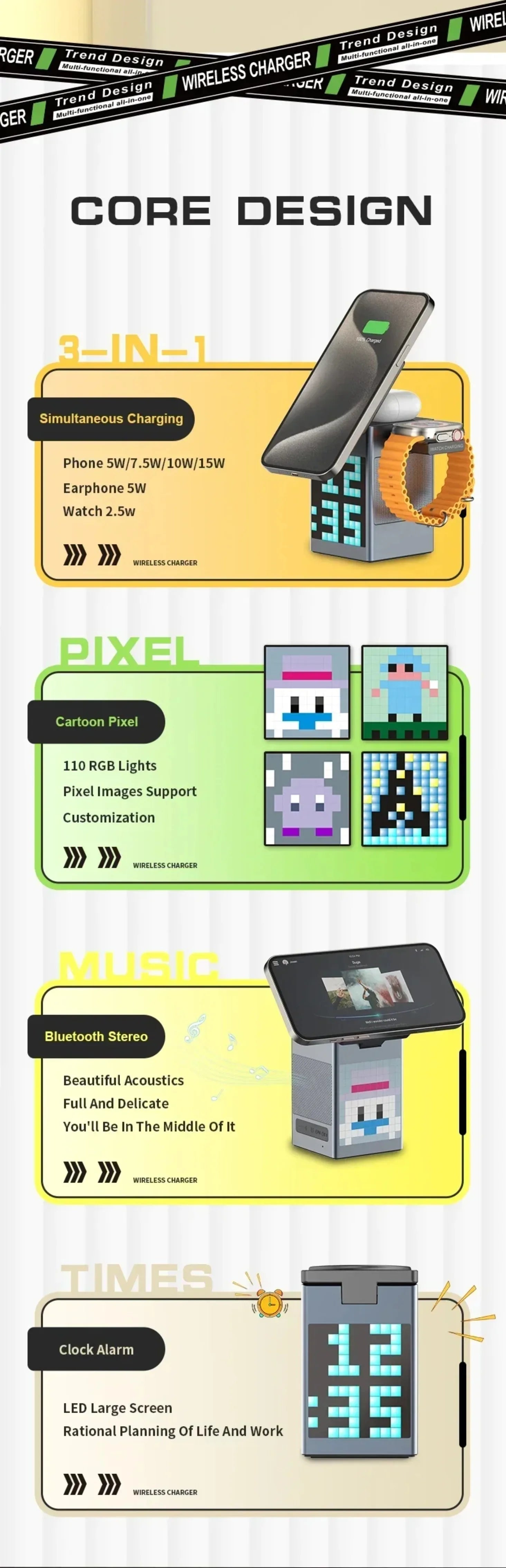 15W 6 in 1 Cartoon Pixel Magnetic Wireless Charger Foldable Bluetooth Speaker Alarm Clock For iPhone 16~12 iWatch Airpods 3 Pro
