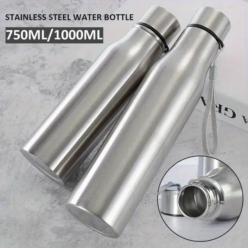 1pcs 750ml/1000ml Stainless Steel Water Bottle Single Wall Large Capacity Bottle with Carrying Strap for Hiking Sports Outdoor