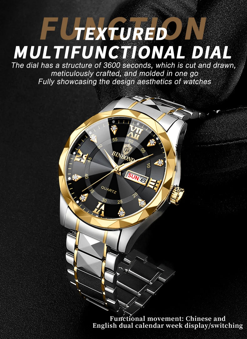 BINBOND Top Brand Luxury Man Wristwatch Waterproof Luminous Date Week Men Watches Stainless Steel Quartz Men's Watch Male reloj