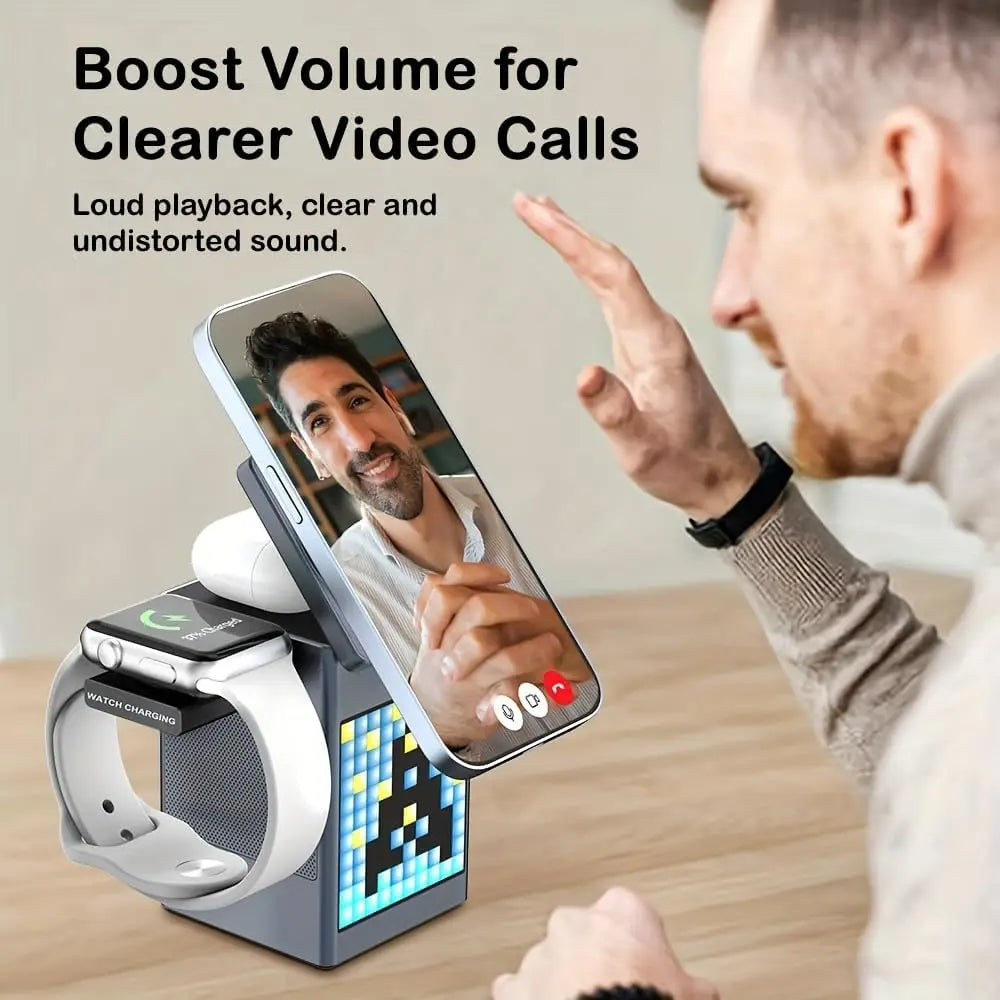 15W 6 in 1 Cartoon Pixel Magnetic Wireless Charger Foldable Bluetooth Speaker Alarm Clock For iPhone 16~12 iWatch Airpods 3 Pro