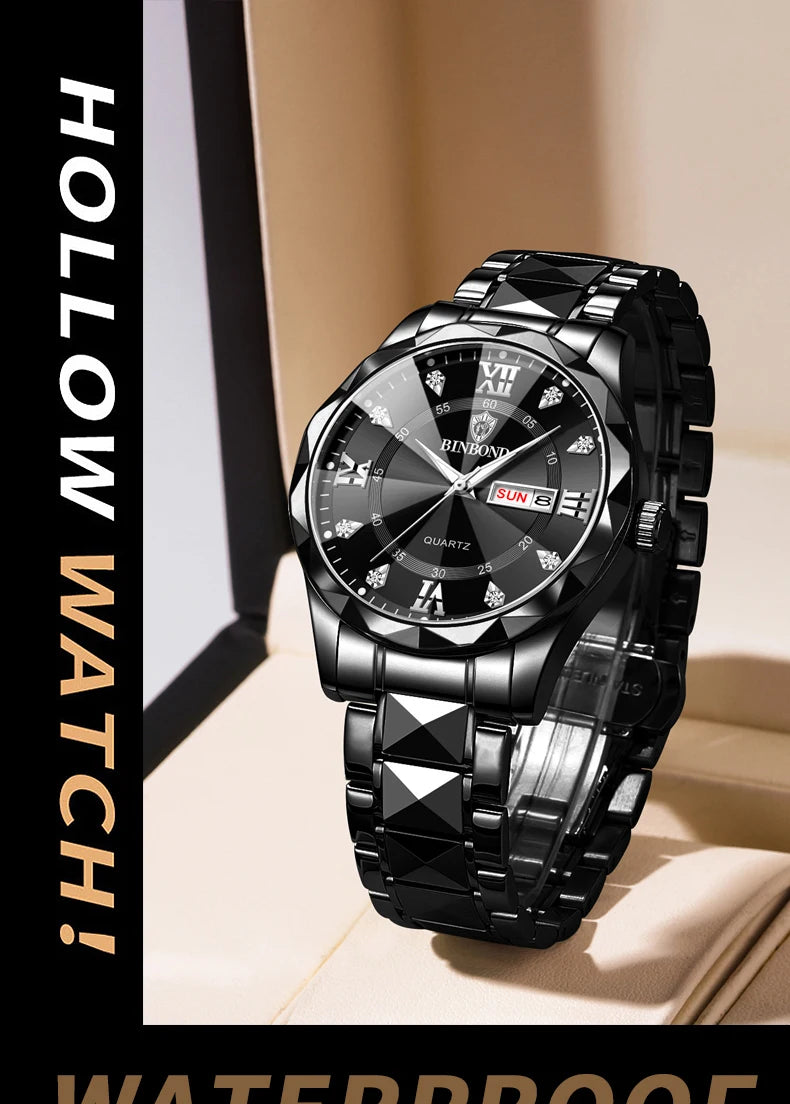 BINBOND Top Brand Luxury Man Wristwatch Waterproof Luminous Date Week Men Watches Stainless Steel Quartz Men's Watch Male reloj
