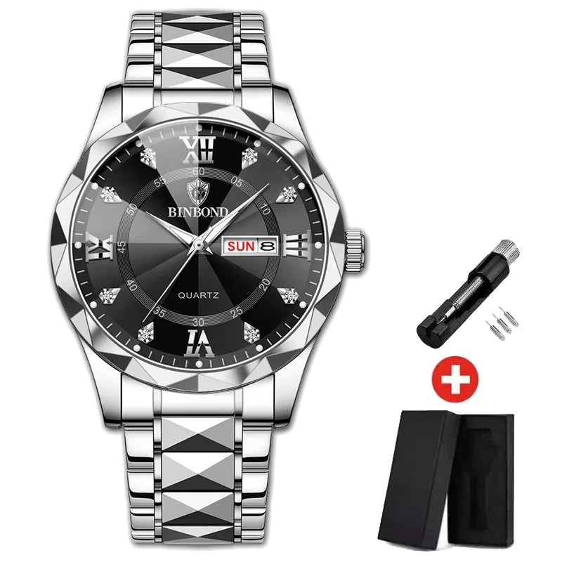 BINBOND Top Brand Luxury Man Wristwatch Waterproof Luminous Date Week Men Watches Stainless Steel Quartz Men's Watch Male reloj