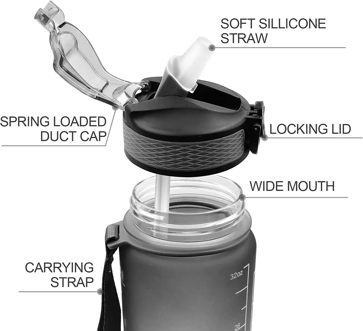 1L Sports Water Bottle Straw Cup 1 Litro with Time Maker Leak-Proof BPA Free Frosted Cup For Outdoor Sports Drinking Bottle