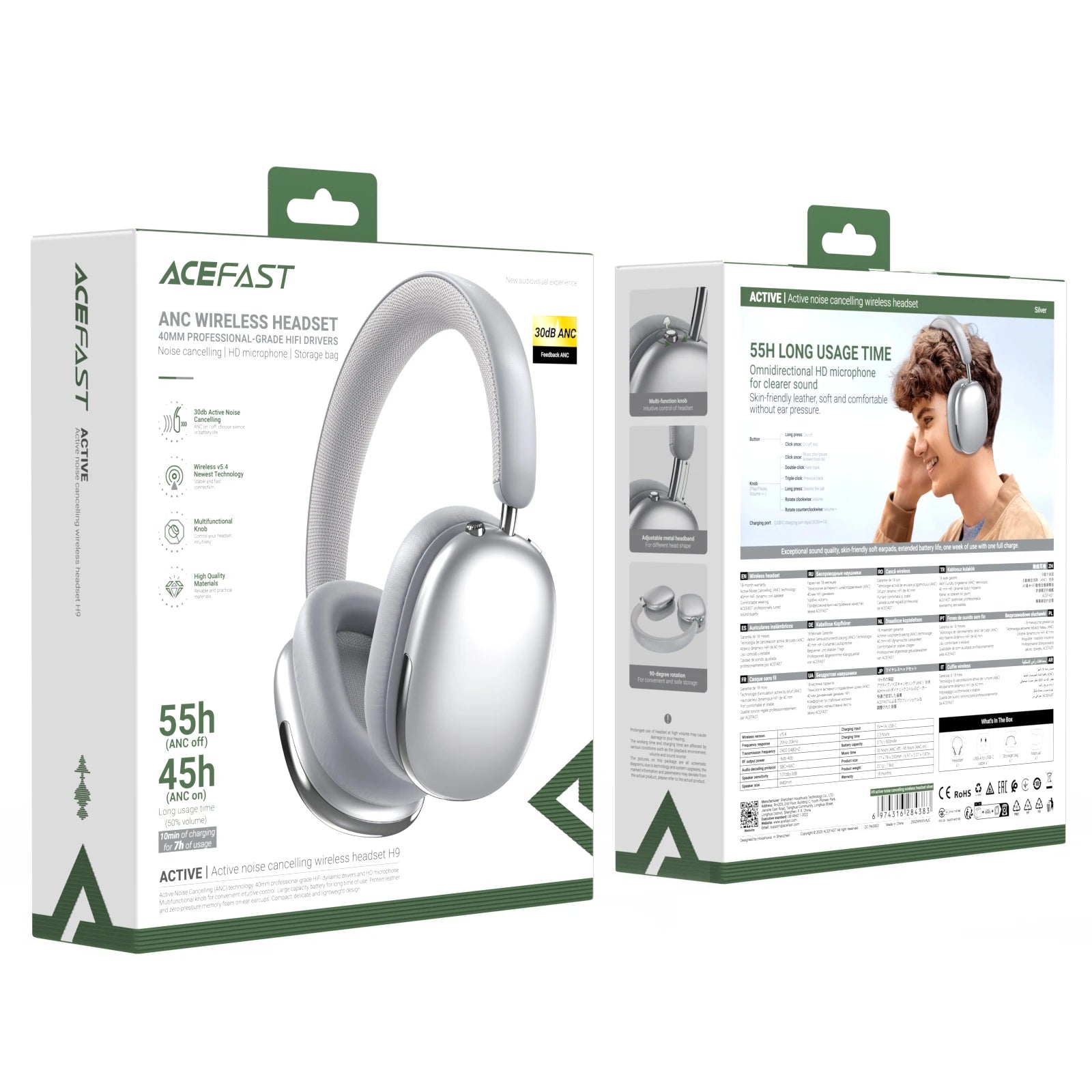 ACEFAST ANC 30dB Hybrid Noise Cancelling Wireless Bluetooth 5.4 Headphone 40MM Speaker Music Sports Over the Ear HiFi Headsets