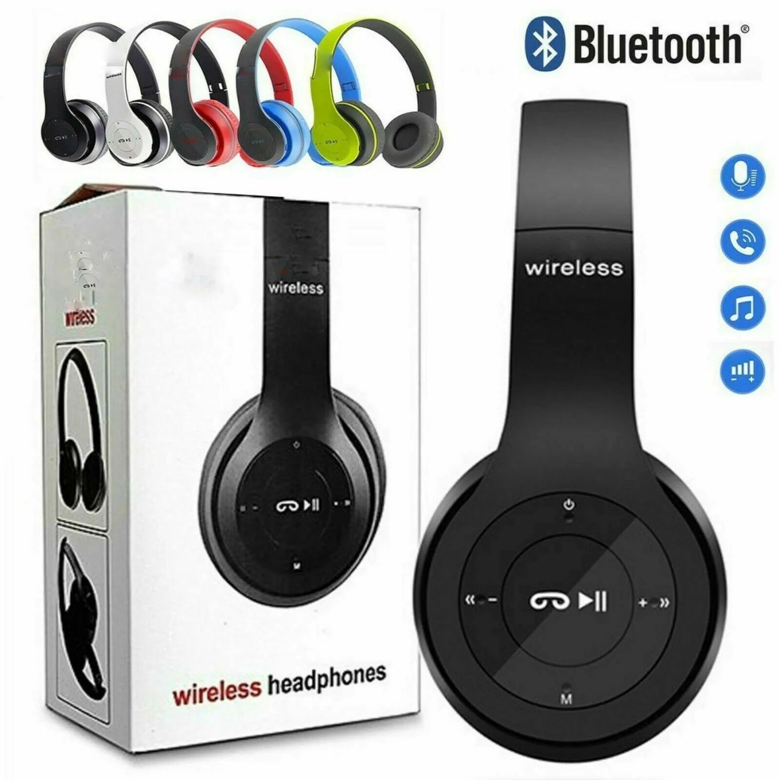 P47 Head mounted Bluetooth Earphones for Stereo headphone with Mic Noise Cancelling Over-Ear Earphones Aux in TF Card FM radio