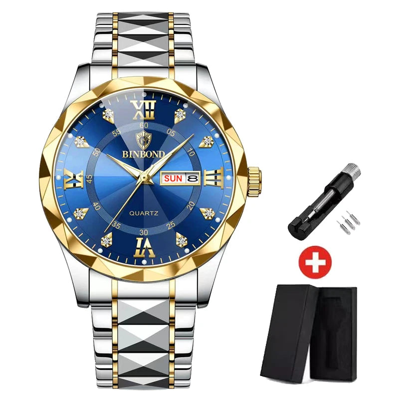 BINBOND Top Brand Luxury Man Wristwatch Waterproof Luminous Date Week Men Watches Stainless Steel Quartz Men's Watch Male reloj