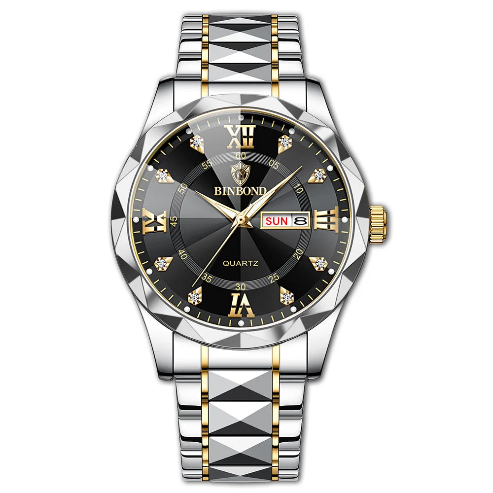 BINBOND Top Brand Luxury Man Wristwatch Waterproof Luminous Date Week Men Watches Stainless Steel Quartz Men's Watch Male reloj