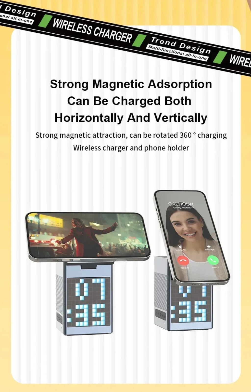 15W 6 in 1 Cartoon Pixel Magnetic Wireless Charger Foldable Bluetooth Speaker Alarm Clock For iPhone 16~12 iWatch Airpods 3 Pro