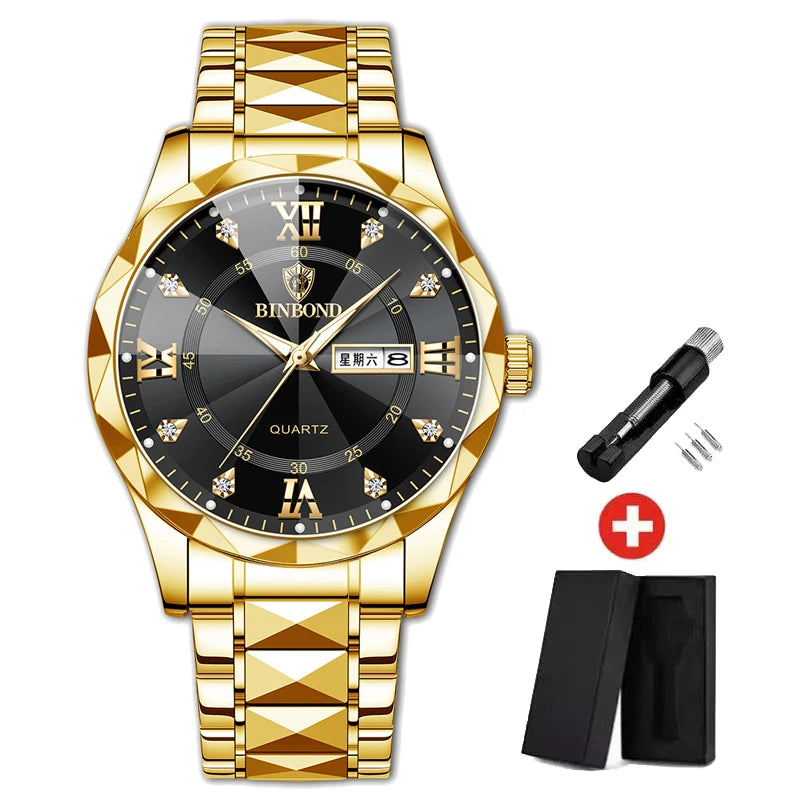 BINBOND Top Brand Luxury Man Wristwatch Waterproof Luminous Date Week Men Watches Stainless Steel Quartz Men's Watch Male reloj