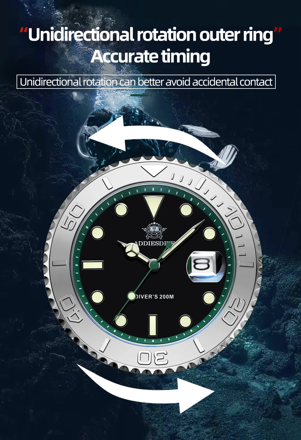 ADDIESDIVE AD2040 Man Rubber Quartz Watch Super Luminous Calendar Display 200m Waterproof  Diving Watches 41mm AD2040 Wristwatch