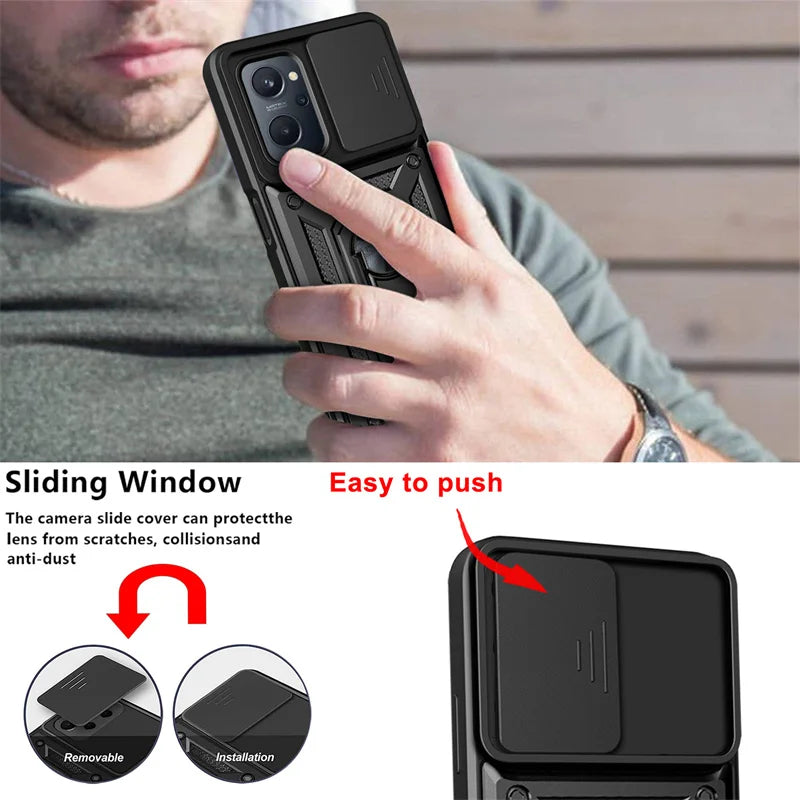 For Realme9i RMX3491 6.6"Case Slide Camera Lens Protect Phone Case For OPPO Realme 9i 9 i Armor Magnet Ring Kickstand Back Cover