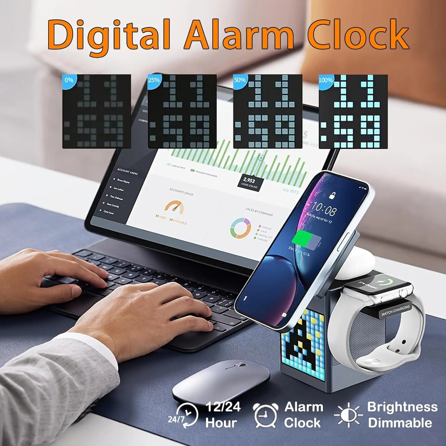 15W 6 in 1 Cartoon Pixel Magnetic Wireless Charger Foldable Bluetooth Speaker Alarm Clock For iPhone 16~12 iWatch Airpods 3 Pro