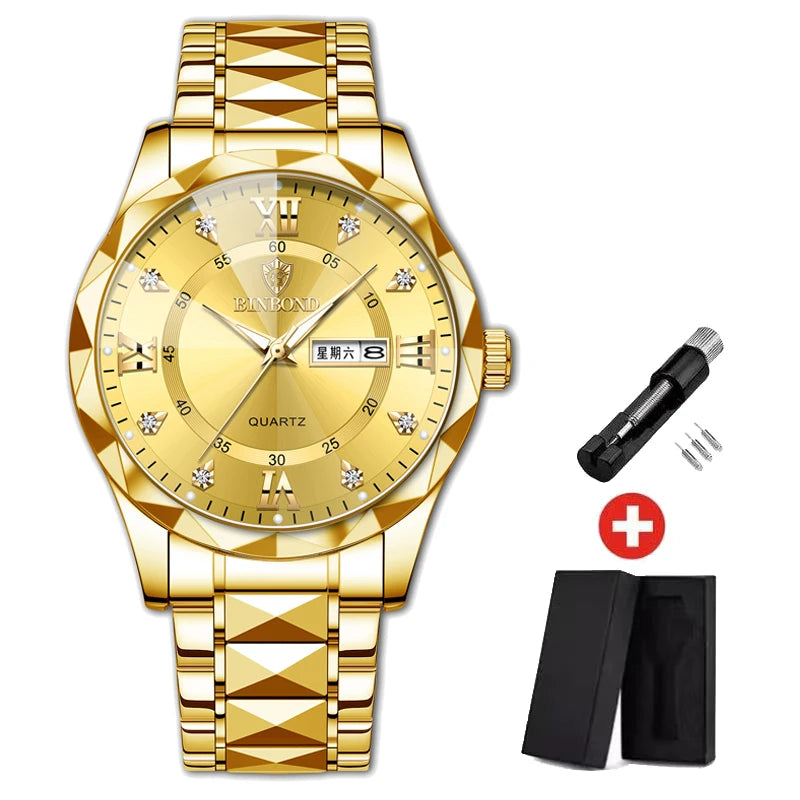 BINBOND Top Brand Luxury Man Wristwatch Waterproof Luminous Date Week Men Watches Stainless Steel Quartz Men's Watch Male reloj