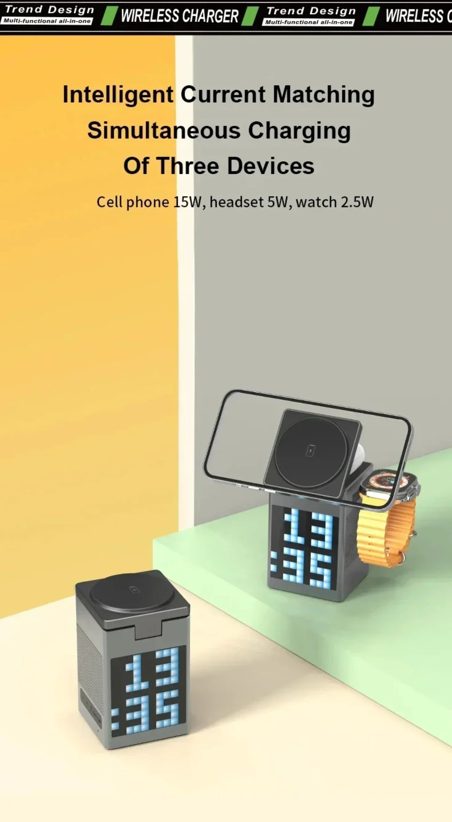 15W 6 in 1 Cartoon Pixel Magnetic Wireless Charger Foldable Bluetooth Speaker Alarm Clock For iPhone 16~12 iWatch Airpods 3 Pro