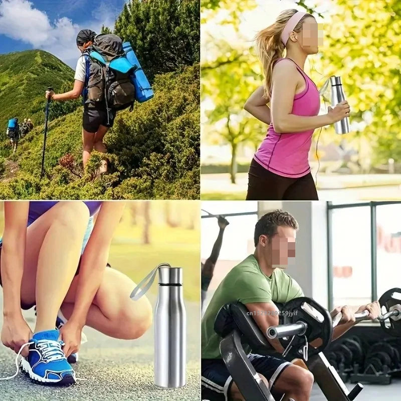 1pcs 750ml/1000ml Stainless Steel Water Bottle Single Wall Large Capacity Bottle with Carrying Strap for Hiking Sports Outdoor