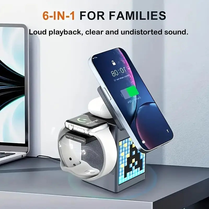 15W 6 in 1 Cartoon Pixel Magnetic Wireless Charger Foldable Bluetooth Speaker Alarm Clock For iPhone 16~12 iWatch Airpods 3 Pro