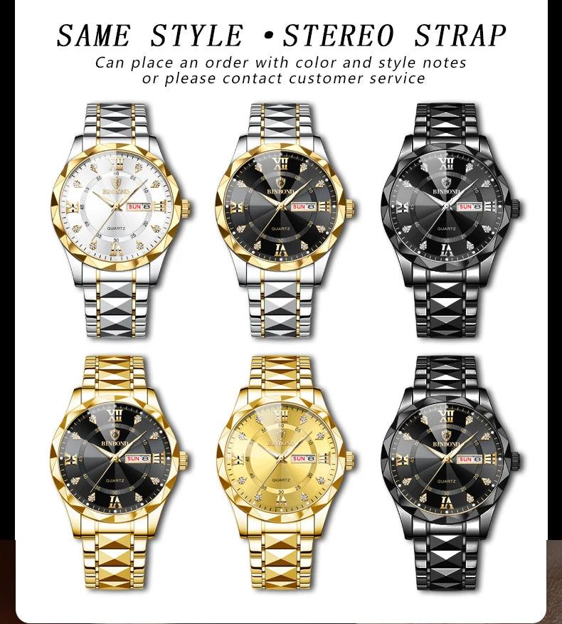 BINBOND Top Brand Luxury Man Wristwatch Waterproof Luminous Date Week Men Watches Stainless Steel Quartz Men's Watch Male reloj