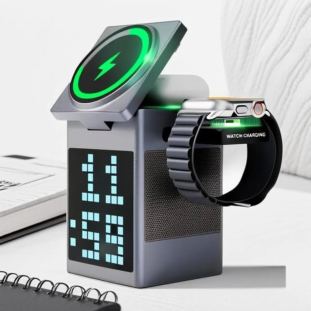 15W 6 in 1 Cartoon Pixel Magnetic Wireless Charger Foldable Bluetooth Speaker Alarm Clock For iPhone 16~12 iWatch Airpods 3 Pro