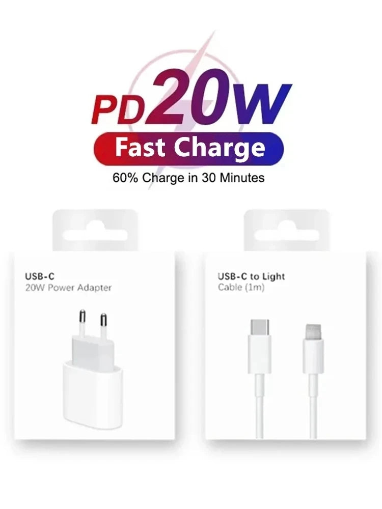 20W PD EU Fast Wall Charger for iPhone 11 12 13 Pro XS Max 14 Plus X XR Rapid Charge 1m 2m USB-C Charging Cable With Retail Box