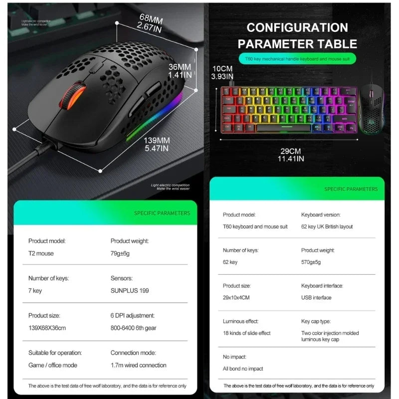 FREEWOLF T8 Gaming Mechanical Keyboard and Mouse Set 62 Keys USB RGB LED Backlit Drop Shipping Gaming Keyboard Gamer Gift