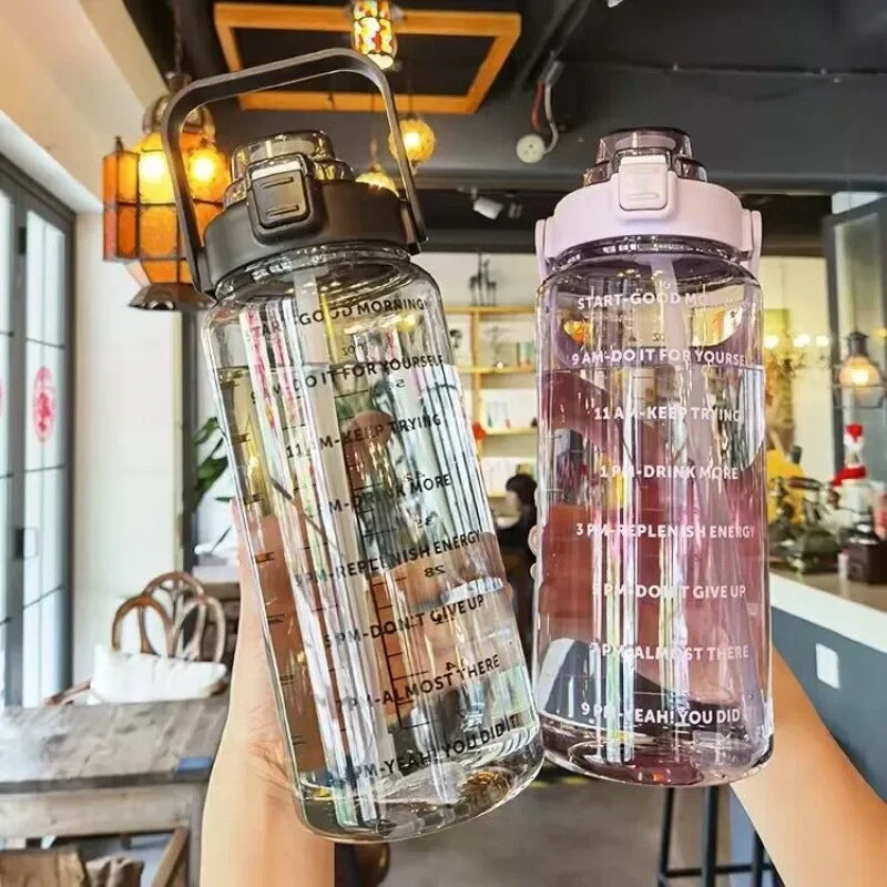 2000ml Sports Drinking Bottles with Time Marker Men Women Water Bottle with Straw Large Capacity Outdoor Cup Fitness Drinkware